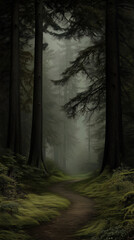 Fototapeta premium Misty Forest Pathway Surrounded by Towering Trees - Hauntingly Beautiful Landscape