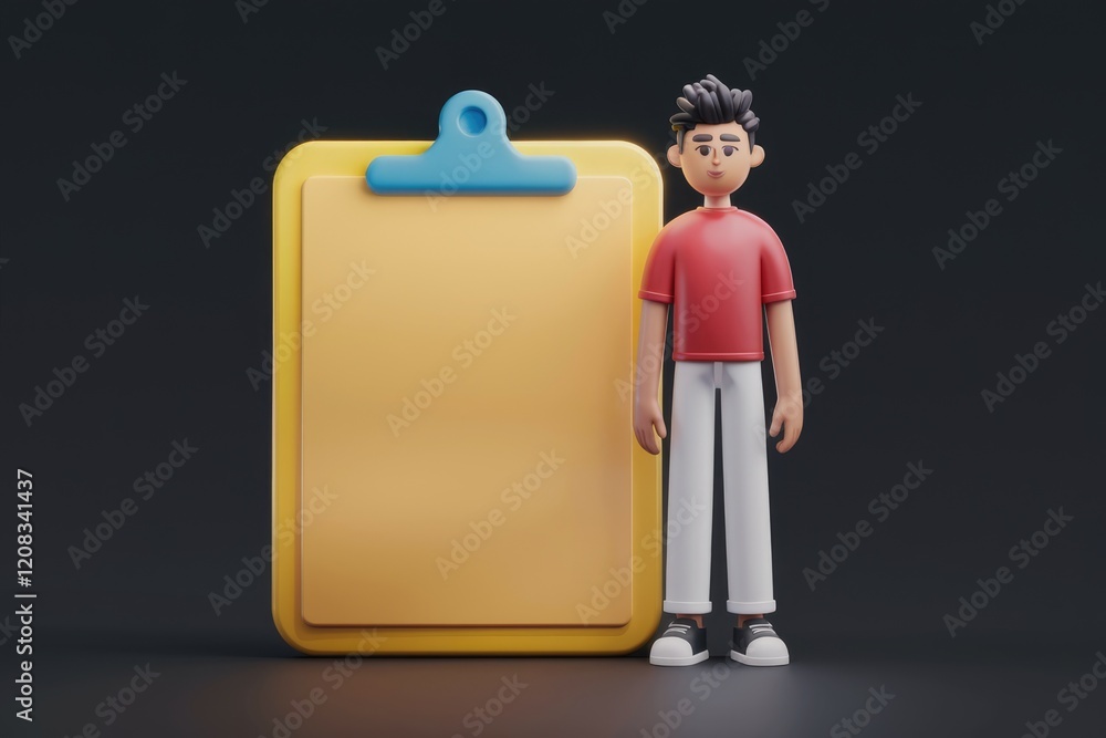 Aufkleber a 3d cartoon character stands beside a large blank clipboard, ready to fill in information or notes.