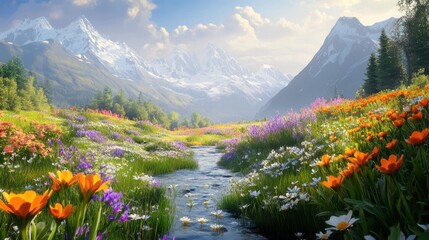 Lush mountain valley with vibrant wildflowers and flowing stream under clear blue sky