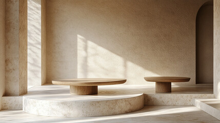 A series of evenly spaced geometric shapes in neutral tones on a plain background representing order, balance, and harmony with minimalistic bright tones and blurred empty space for emphasis

