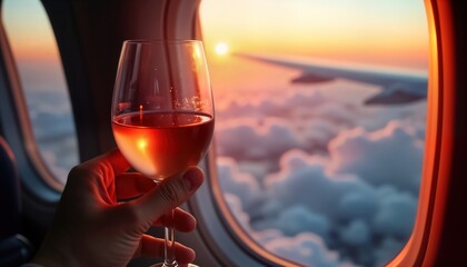 Person holds wine glass looking out airplane window at sunset clouds. Luxury travel moment. Enjoy sunset view through plane window. Relaxing flight experience. Private jet service. Passenger in