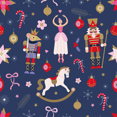 Nutcracker Seamless Pattern. Christmas Ornament with nutcracker, ballerina and mouse King. Christmas decoration toys and decoration.