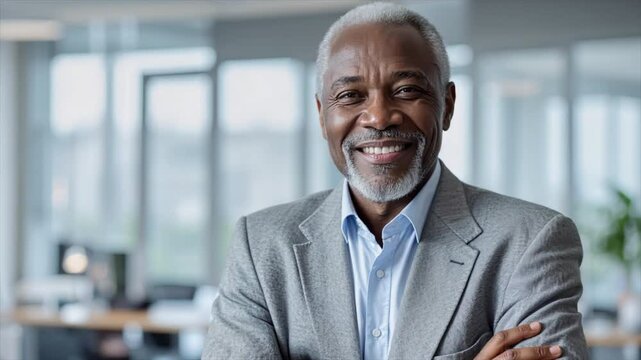 A confident old man smiling and crossing his arms in a professional office environment.Success and institutionalization.09-1.