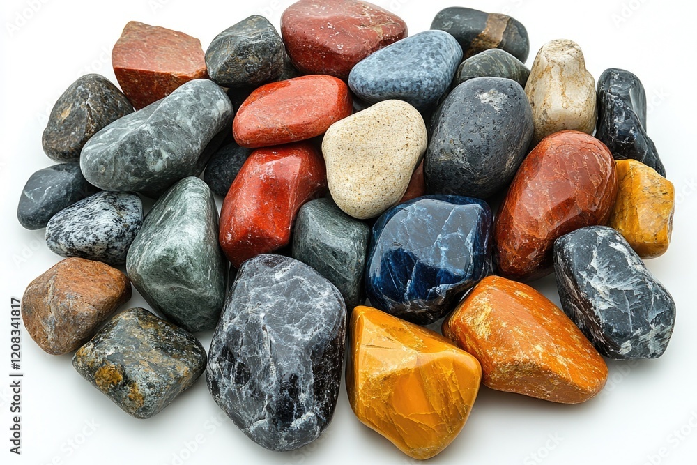 Poster a pile of rocks on a white surface, perfect for use in still life compositions or as a texture eleme
