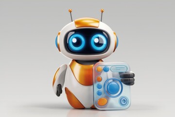 A cute, friendly robot holds a control panel, showcasing technology and innovation.