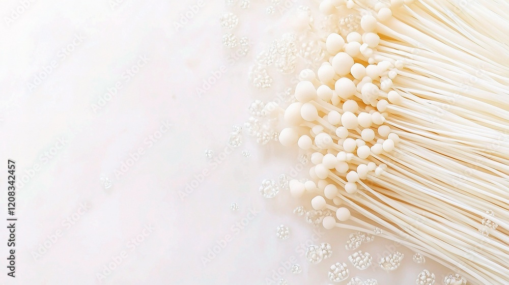 Poster Delicate Enoki Mushroom with Intricate Texture on Light Background