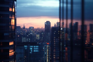 Urban skyline with buildings and streets from high-rise perspective, suitable for use in architecture or urban planning context