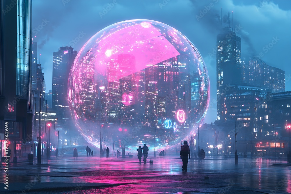 Poster Giant Illuminated Bubble with Digital Projections in a Futuristic City at Night : Generative AI