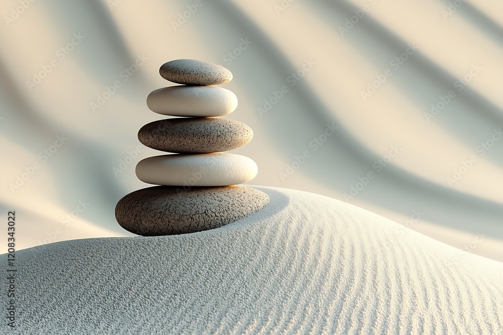 Aufkleber Harmonious Stone Arrangement on Textured Sand with Soft Light and Flowing Patterns : Generative AI