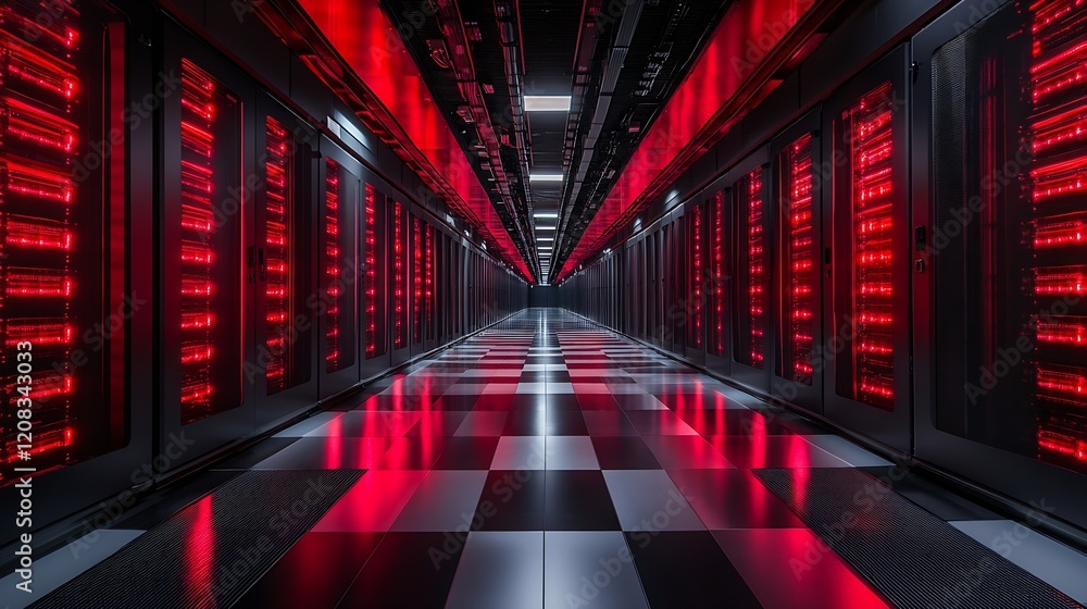 Aufkleber High Tech Data Center Interior with Futuristic Red Illuminated Server Racks : Generative AI