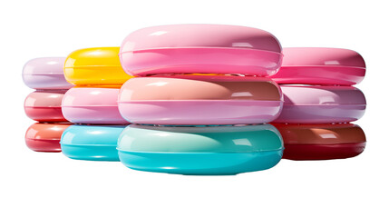 Bright pastel inflatable pool rings stacked up for vibrant poolside decor, studio view, isolated on transparent background.