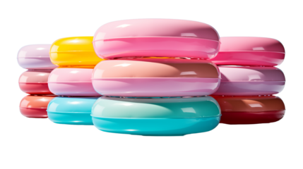 Bright pastel inflatable pool rings stacked up for vibrant poolside decor, studio view, isolated on transparent background.
