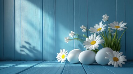 Easter eggs and white flowers on blue wooden background for holiday decor