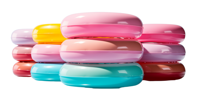 Bright pastel inflatable pool rings stacked up for vibrant poolside decor, studio view, isolated on transparent background.