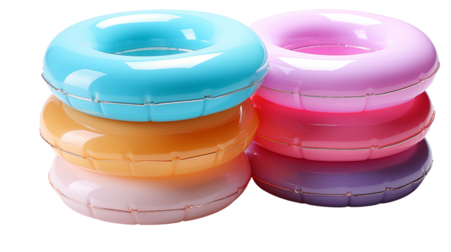 A stack of inflatable pool rings in pastel colors, evoking fun summer vibes, studio view, isolated on transparent background.