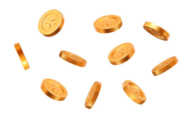 3d flying golden coins set with clover leaves pattern. St. Patrick's Day shiny element. Rich or casino luck concept. Precious expensive treasure. Stock vector illustration.