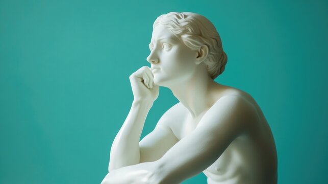 A statue of a man reflecting or thinking deeply