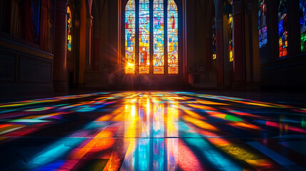 Stained-glass window illuminating a sacred space with vibrant colors during sunset in a historic church