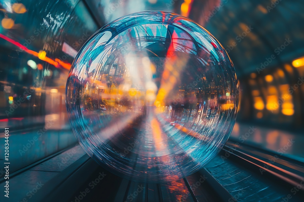Poster Mesmerizing Light Trails and Reflections in Glass Sphere in Urban Setting : Generative AI