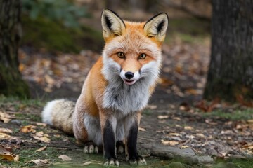Fototapeta premium A beautiful red fox sits in a forest, looking directly at the camera with curiosity and alertness.