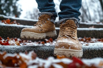 A person stands on snowy steps with a calm expression