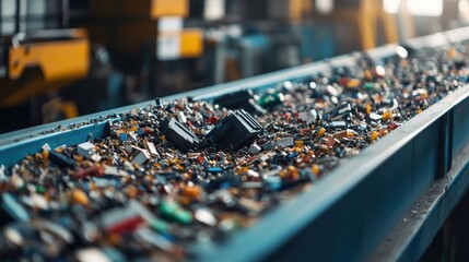 Conveyor belt transports a large quantity of electronic waste, including circuit boards, chips, and other components, through a recycling plant for processing and recovery of valuable materials