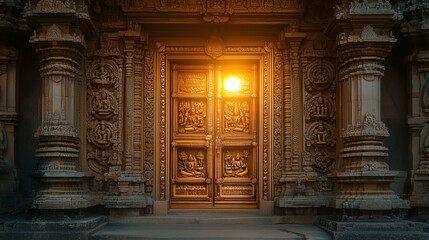 Fototapeta premium Ornate doorway of a Hindu temple illuminated by the sun at dusk with intricate carvings and divine figures