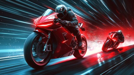Two motorcyclists in full gear speeding under dramatic neon lights, creating futuristic motorsport vibe in intense night competition.