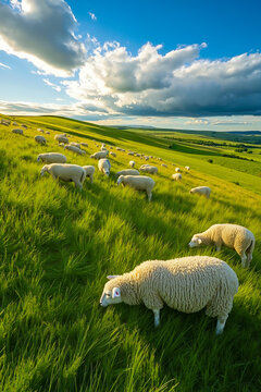 A herd of sheep grazing on a lush green field