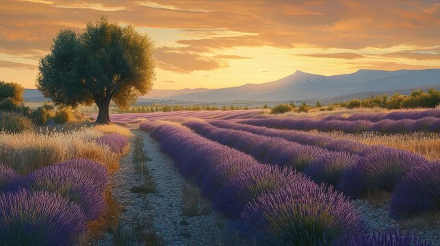 dreamy panoramic view of endless purple lavender rows leading to a solitary ancient olive tree, golden sunset illuminating mont ventoux in the distance