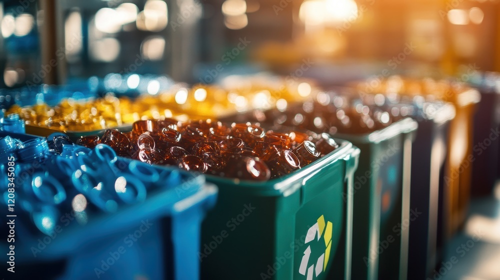 Poster glass bottles undergoing separation by color in recycling containers marked with the recycling symbo