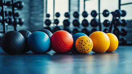 "A collection of fitness and CrossFit balls, essential tools for strength training and functional workouts, perfect for gym environments and promoting active lifestyle concepts."