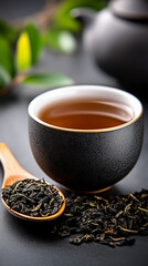 The image shows a close-up of a black ceramic cup filled with Chinese tea, placed on a dark surface