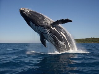 Fototapeta premium Humpback Whale Photograph Breaching in the Deep Blue Sea, Capturing Majestic Marine Life and Ocean Conservation