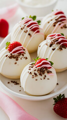 A plate of five white chocolate-covered strawberries