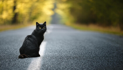 a black cat sitting in the middle of a road waiting for something