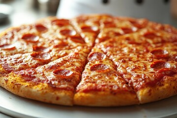 A slice of pepperoni pizza sits on a white plate, ready to be devoured