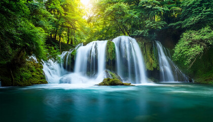 Obraz premium lush green forest surrounding majestic waterfall in river landscape waterfall landscape flowing water forest