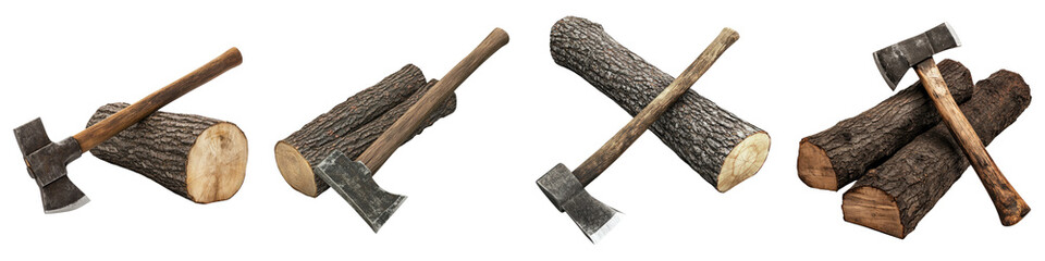 Steel ax and timber trunks isolated on transparent background, PNG die-cut, Set of
