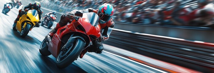 Two motorcyclists in red and yellow gear speeding neck-and-neck during a thrilling race, with blurred stands in the background.