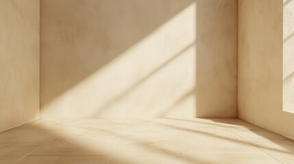 Sunlit corner of minimalist room with textured beige walls and floor