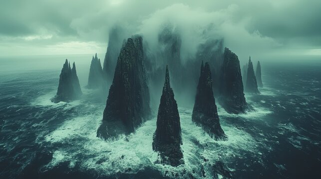 Dramatic coastal rock formations shrouded in mist and turbulent ocean waves. - Powered by Adobe