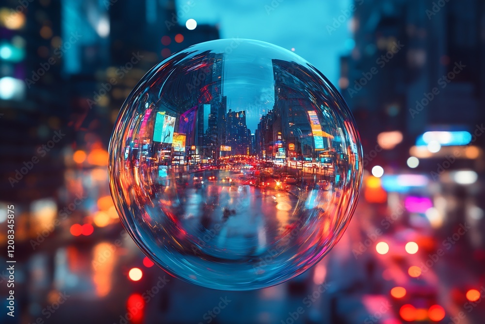 Poster dynamic bubble reflection of a busy city street in vivid night colors : generative ai