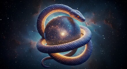 Cosmic snake coils around a nebula egg, stars and galaxy.  Mythical space.