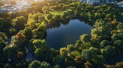 Aerial view of lush urban park with serene pond at sunrise