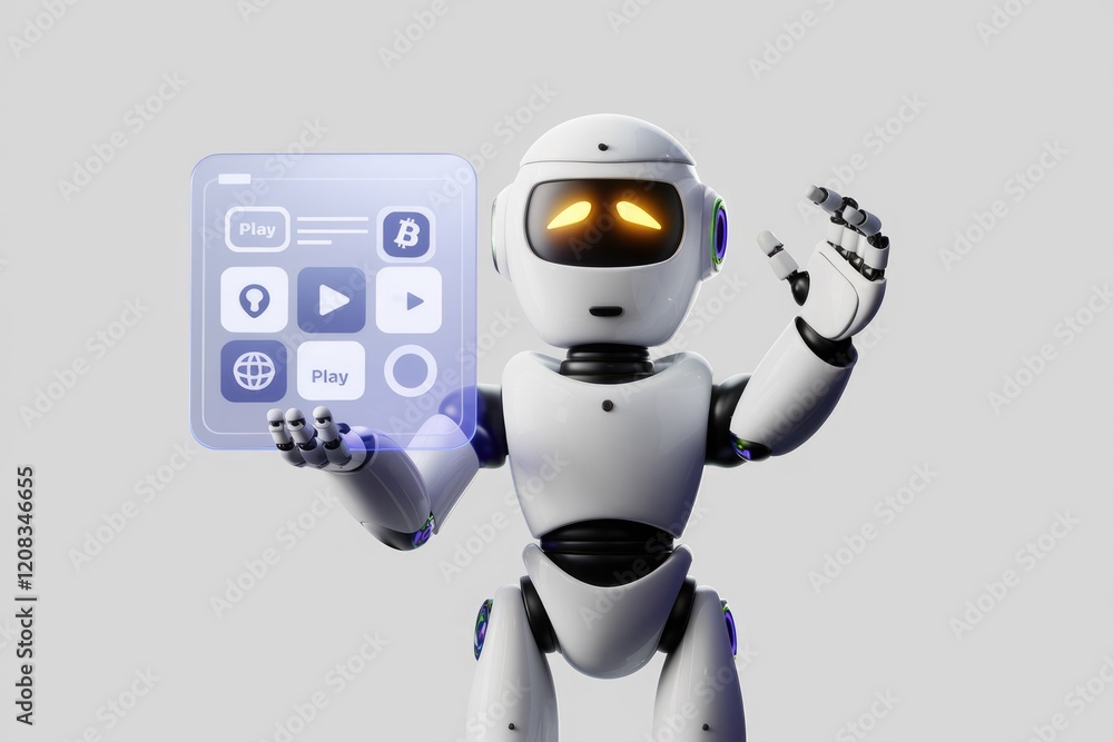Poster A friendly robot displays a futuristic interface showcasing media playback options and cryptocurrency integration.