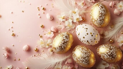 Obraz premium Elegant easter decor with golden eggs and blossoms on a pink background