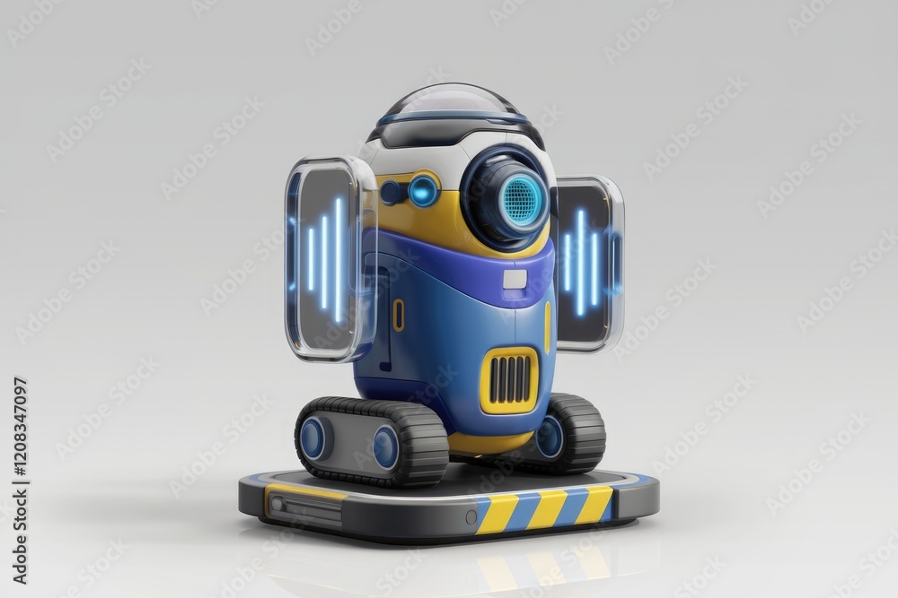 Poster a cute, futuristic robot with sound wave displays on its sides, showcasing advanced technology.