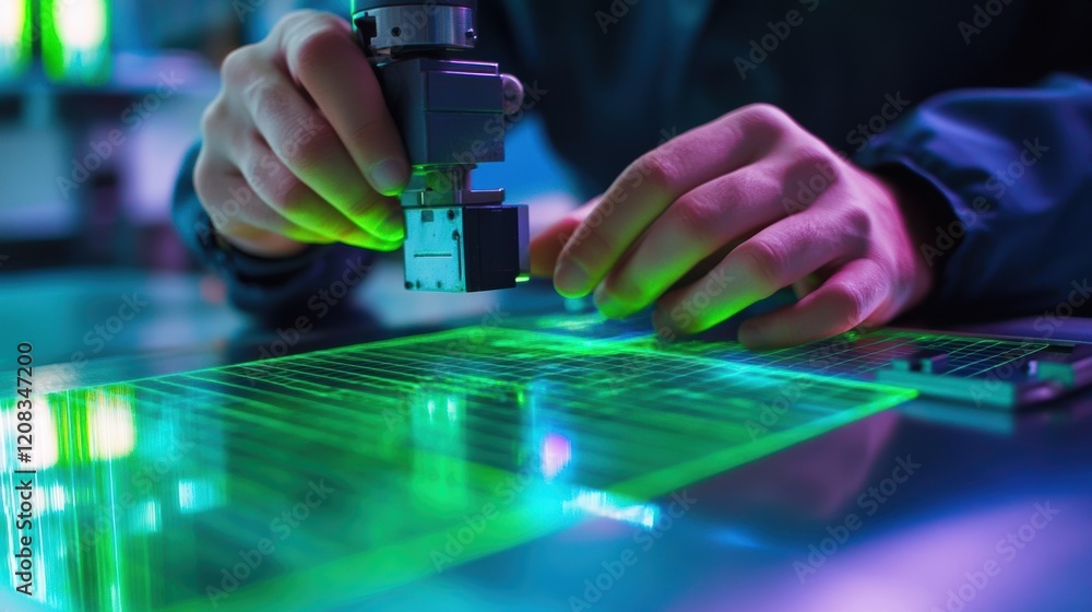 Poster electrical engineer uses a robotic arm to interact with a futuristic holographic projection, showcas
