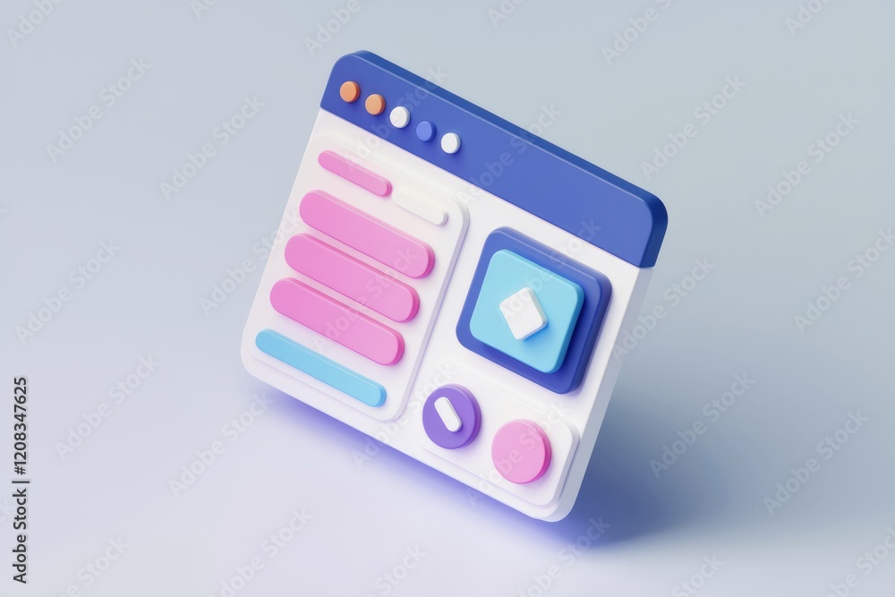 Aufkleber 3D illustration of a website interface with buttons and interactive elements.